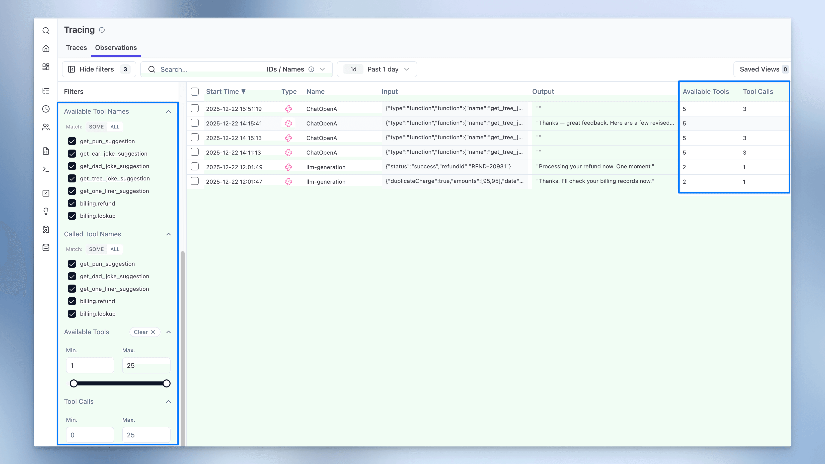 Filter Observations by Tool Calls and add Tool Calls to Dashboard Widgets
